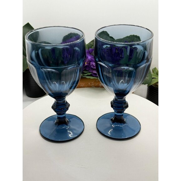 Pair Of Vintage Libbey Duratuff 6.75" Blue Gibraltar Goblet Water Iced Tea Glass - Picture 4 of 5